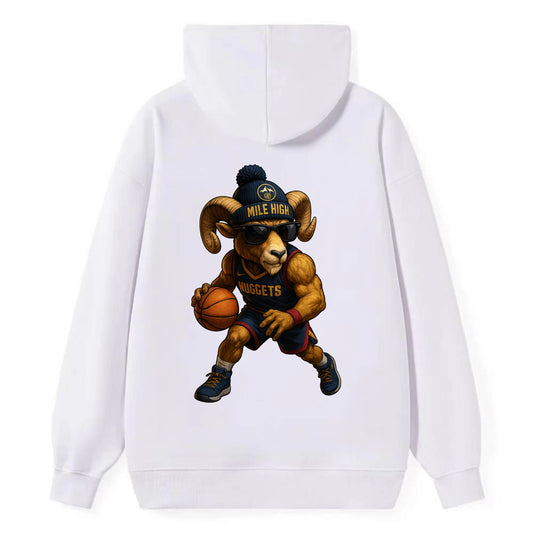 Mile High Bighorn wearing Nuggets beanie with mountain patch and wayfarer - Classic Pullover Hoodie - White