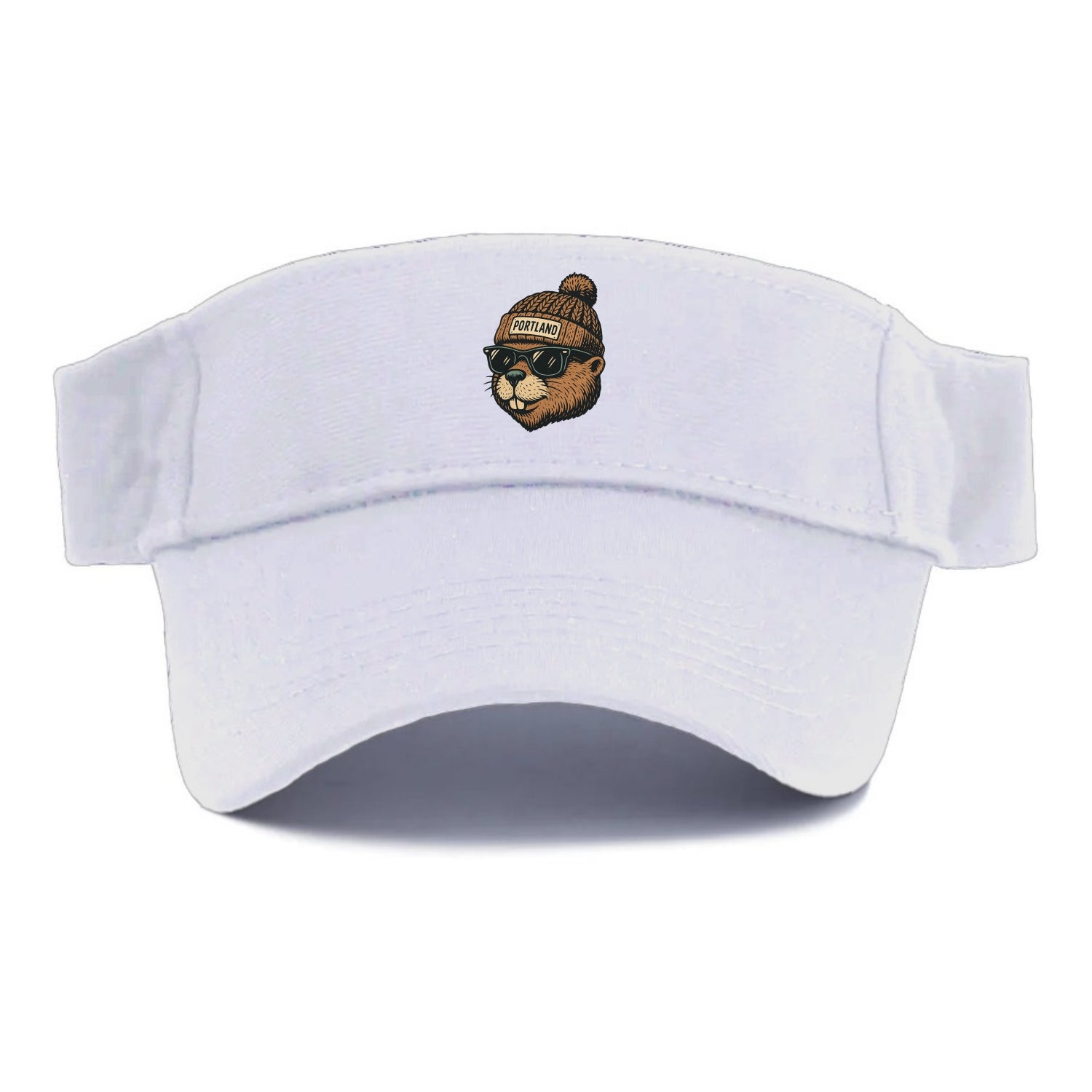 Portland Beaver wearing Portland beanie with pom pom and wayfarer sunglasses - Visor - White