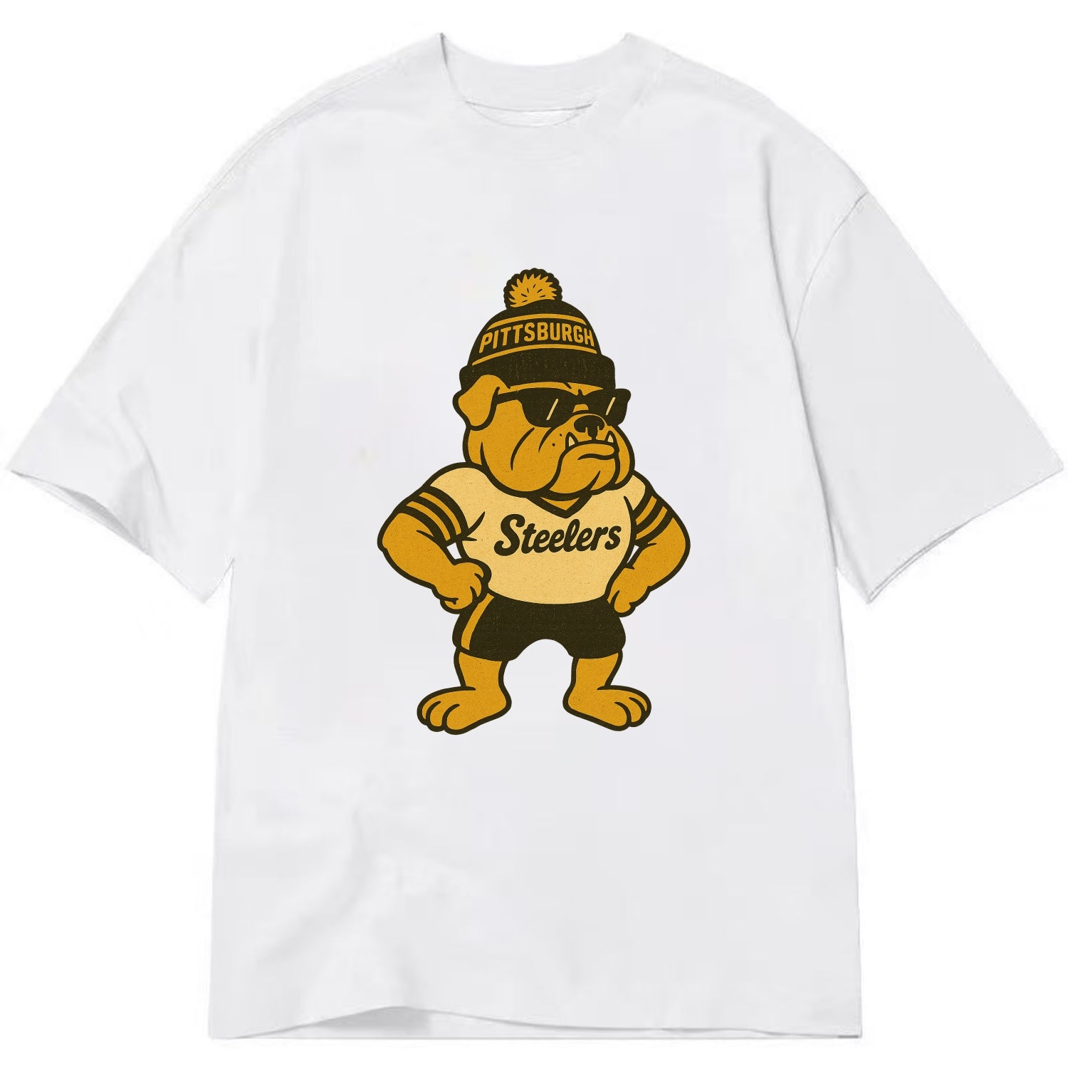 Pittsburgh Bulldog wearing Steelers black and gold beanie with pom pom and - Classic T-shirt - White