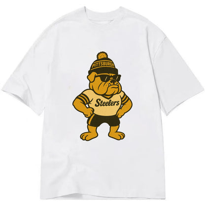 Pittsburgh Bulldog wearing Steelers black and gold beanie with pom pom and - Classic T-shirt - White