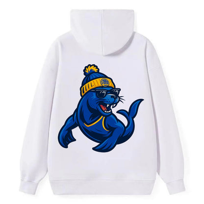 Bay Area Sea Lion wearing Warriors blue and gold beanie with Golden Gate - Classic Pullover Hoodie - White