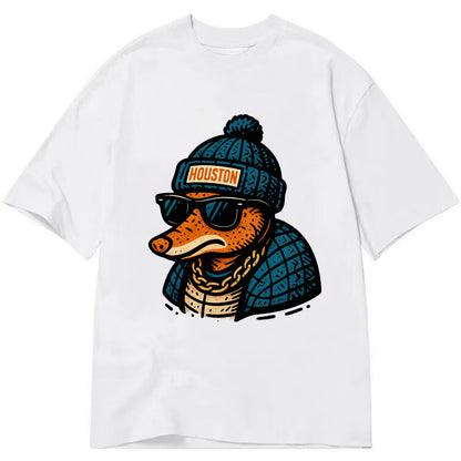 Houston Armadillo wearing Houston beanie with pom pom and wayfarer sunglasses - Classic T-shirt - White