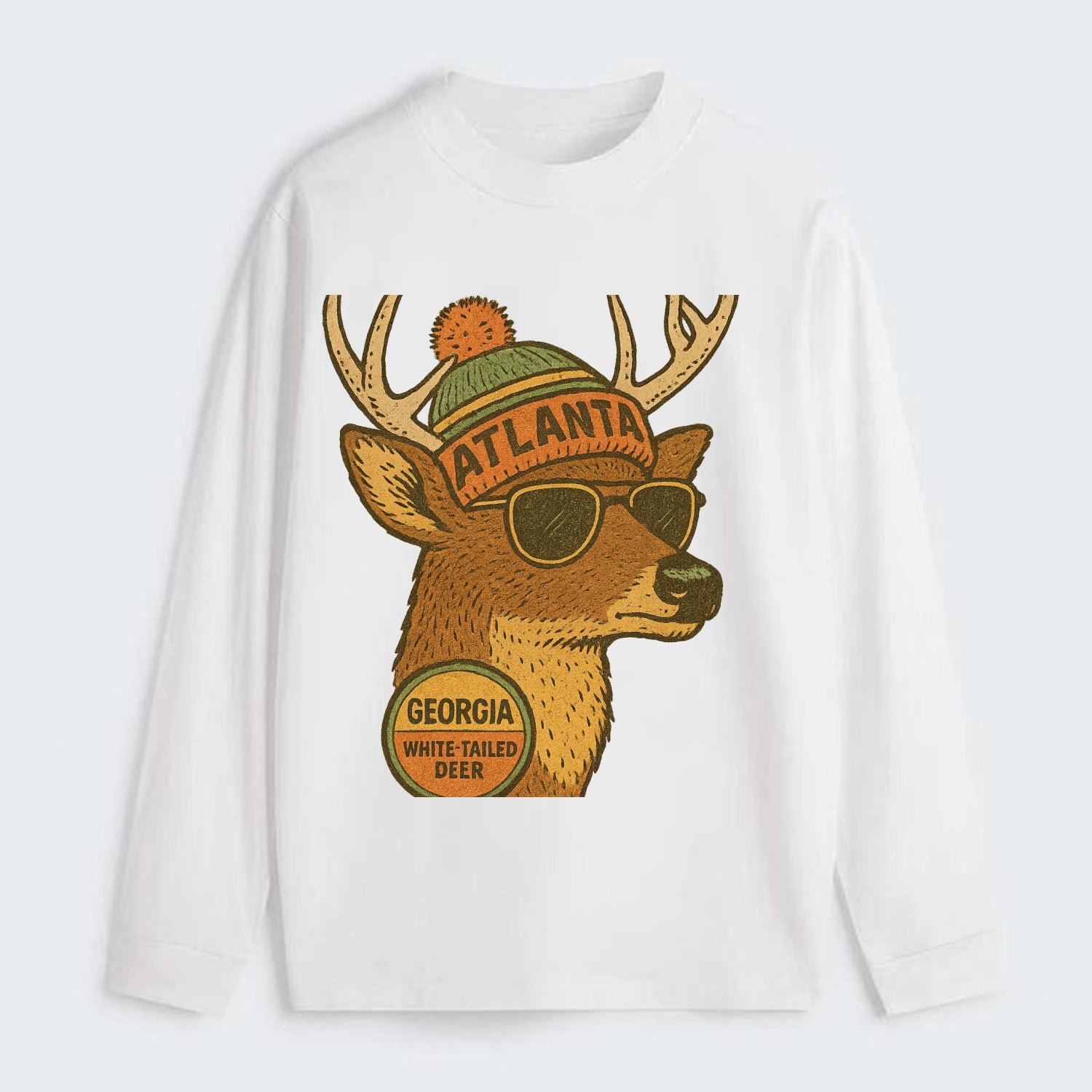 Georgia White-tailed Deer wearing Atlanta beanie with pom pom and - Classic Long Sleeve Shirt - White