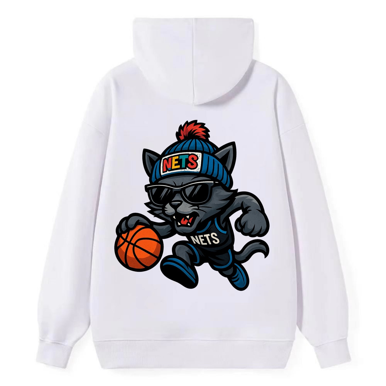 Brooklyn Cat wearing Nets beanie with street art patch and wayfarer - Classic Pullover Hoodie - White
