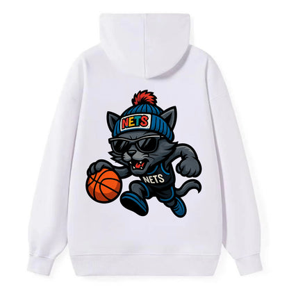 Brooklyn Cat wearing Nets beanie with street art patch and wayfarer - Classic Pullover Hoodie - White