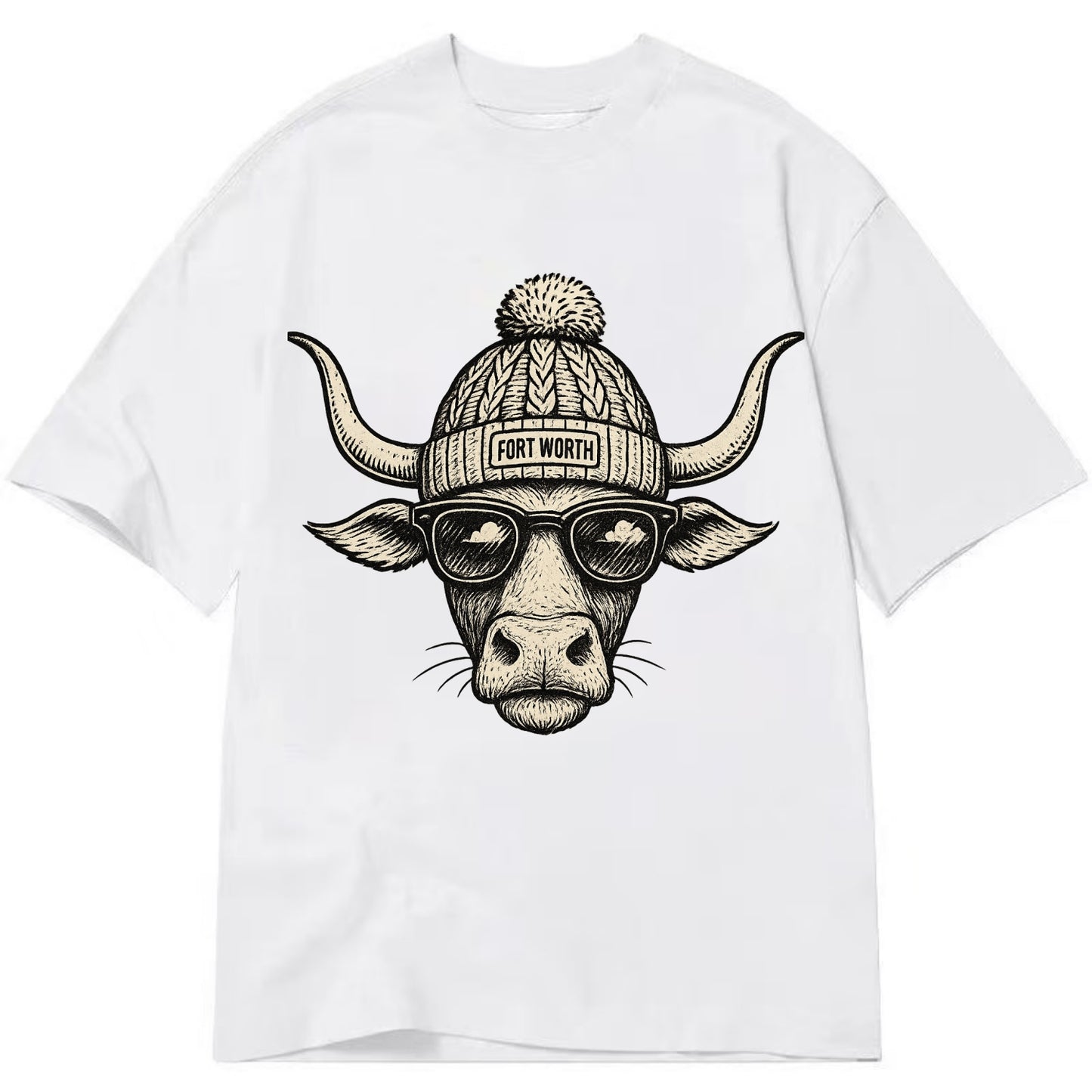 Fort Worth Longhorn wearing Fort Worth beanie with pom pom and wayfarer sunglasses - Classic T-shirt - White