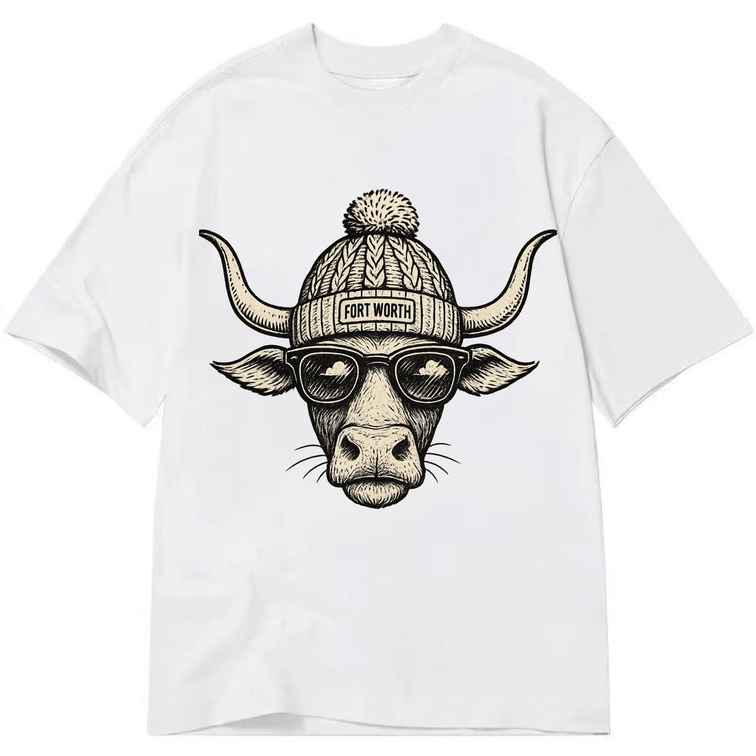 Fort Worth Longhorn wearing Fort Worth beanie with pom pom and wayfarer sunglasses - Classic T-shirt - White