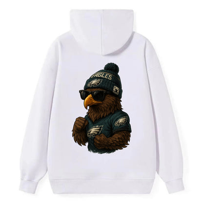 Philly Hawk wearing Eagles beanie with Rocky patch and wayfarer sunglasses - Classic Pullover Hoodie - White