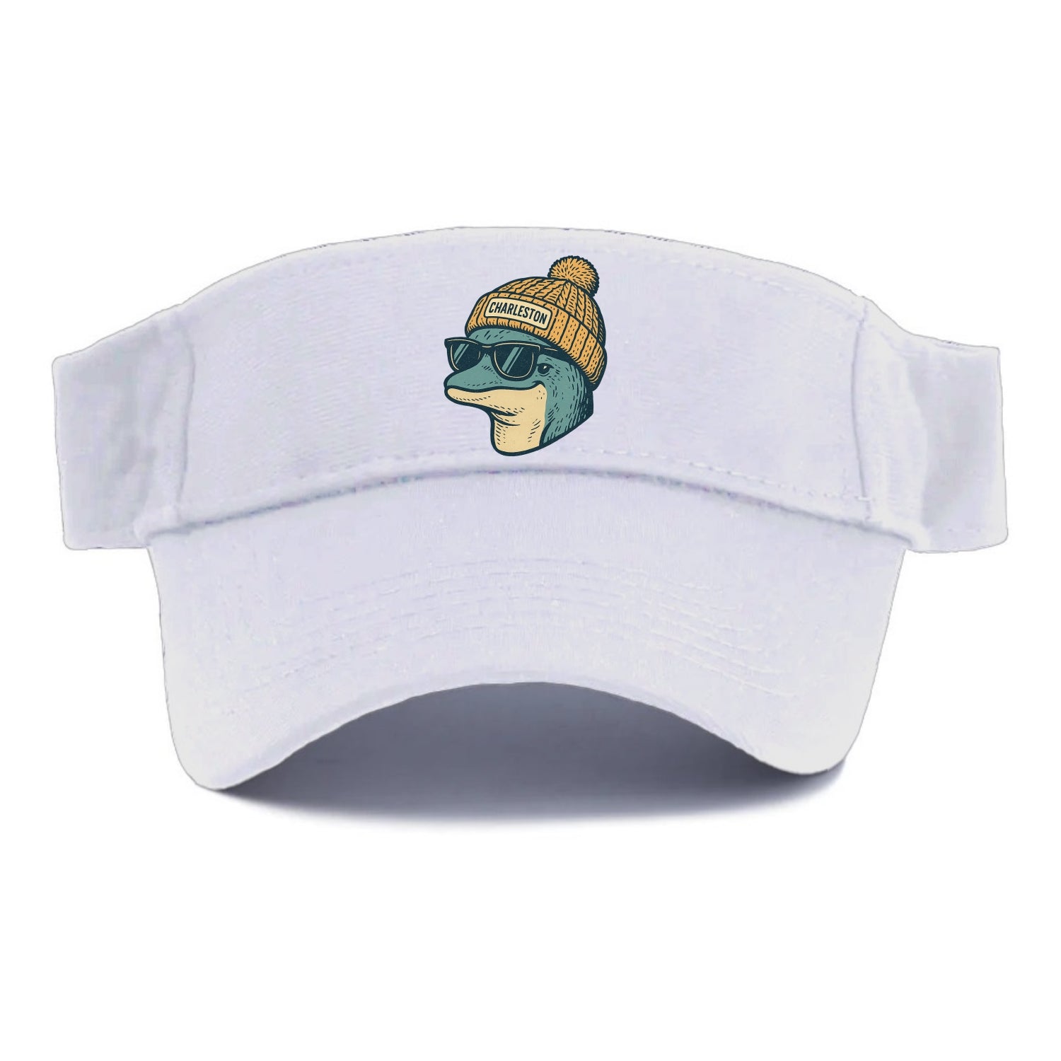 Charleston Dolphin wearing Charleston beanie with pom pom and wayfarer sunglasses - Visor - White