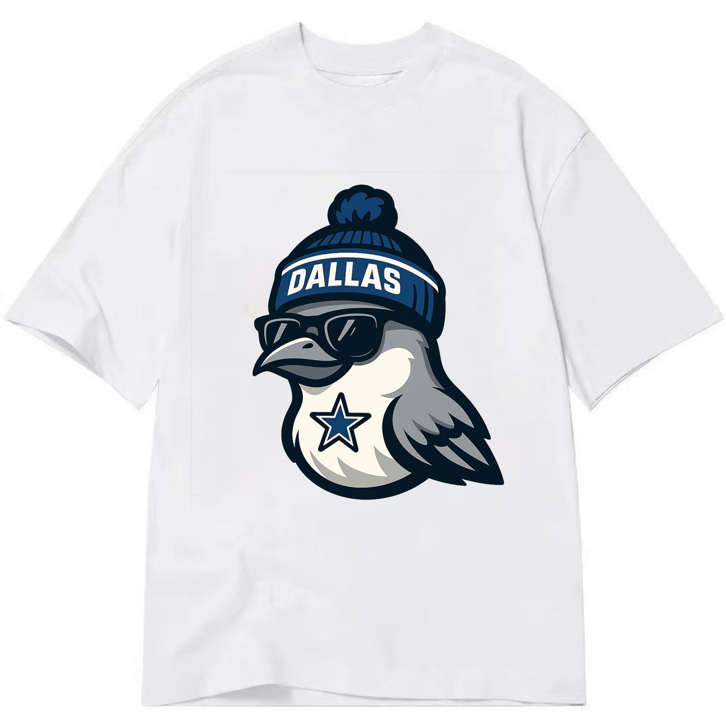 Dallas Mockingbird wearing Cowboys beanie with sheriff star and wayfarer - Classic T-shirt - White