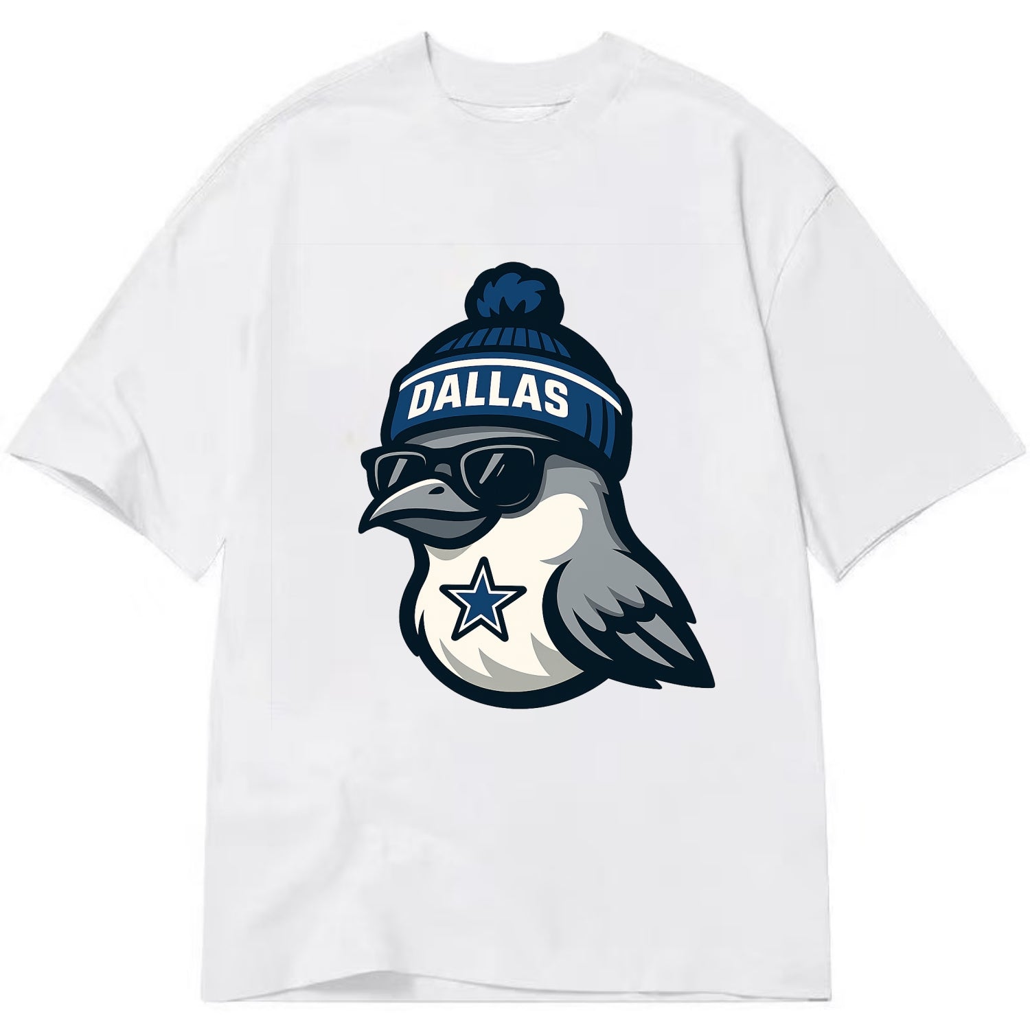 Dallas Mockingbird wearing Cowboys beanie with sheriff star and wayfarer - Classic T-shirt - White