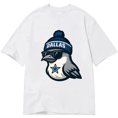 Dallas Mockingbird wearing Cowboys beanie with sheriff star and wayfarer - Classic T-shirt - White