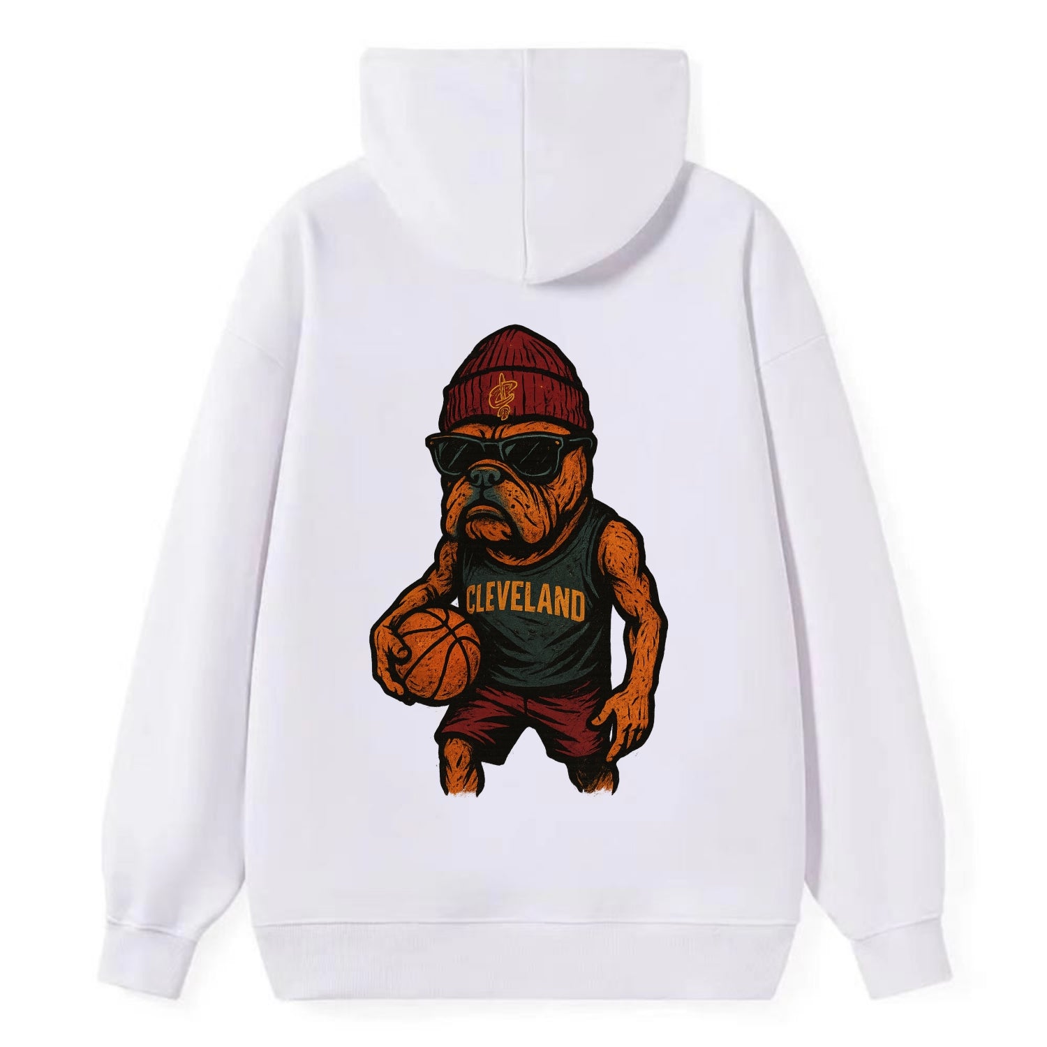 Cleveland Bulldog wearing Cavaliers wine and gold beanie with sword patch - Classic Pullover Hoodie - White