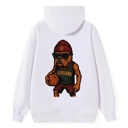 Cleveland Bulldog wearing Cavaliers wine and gold beanie with sword patch - Classic Pullover Hoodie - White