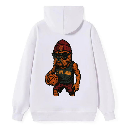Cleveland Bulldog wearing Cavaliers wine and gold beanie with sword patch - Classic Pullover Hoodie - White