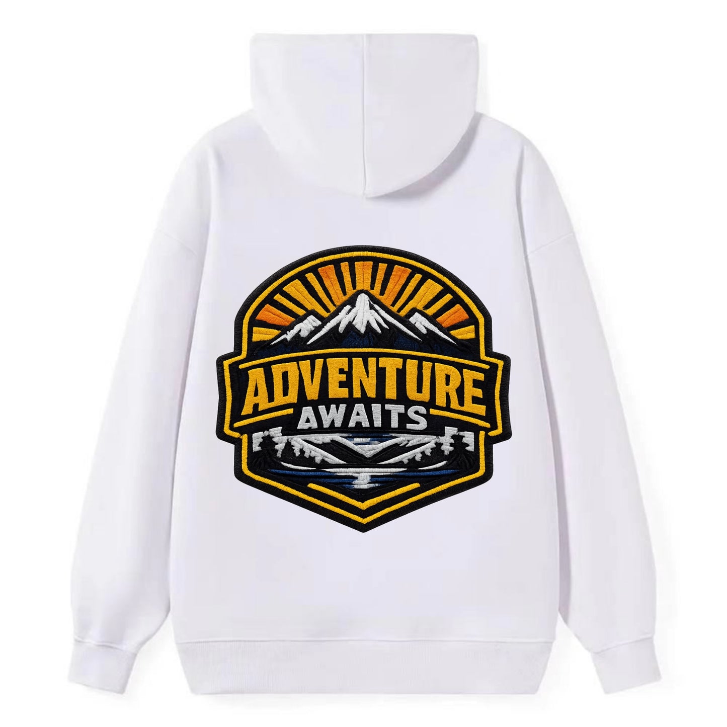 ADVENTURE AWAITS - mountain sunrise with text in gold and blue , - Classic Pullover Hoodie - White