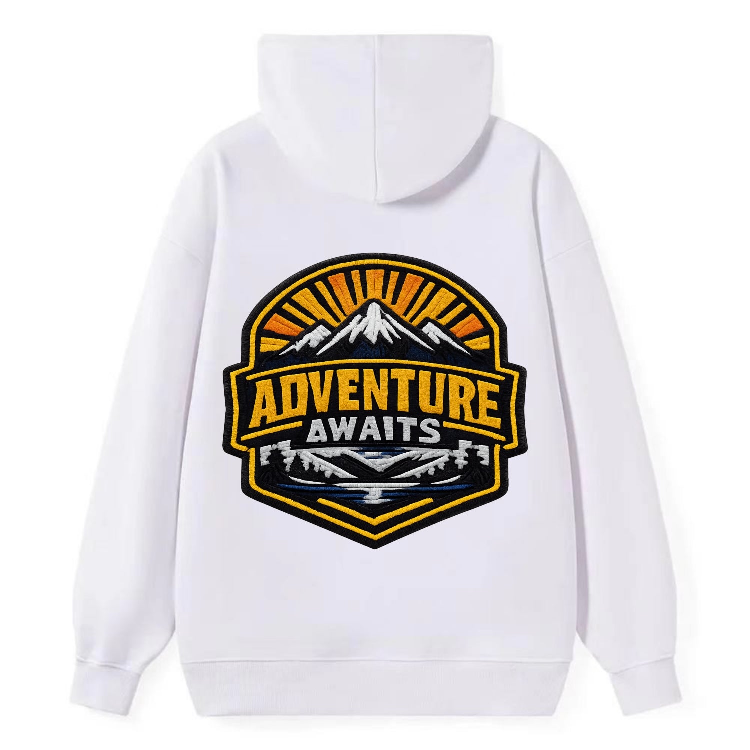 ADVENTURE AWAITS - mountain sunrise with text in gold and blue , - Classic Pullover Hoodie - White