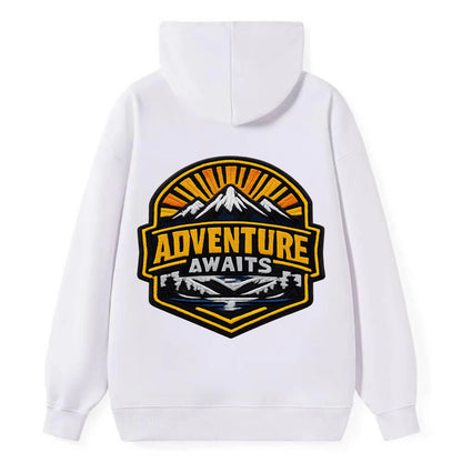 ADVENTURE AWAITS - mountain sunrise with text in gold and blue , - Classic Pullover Hoodie - White