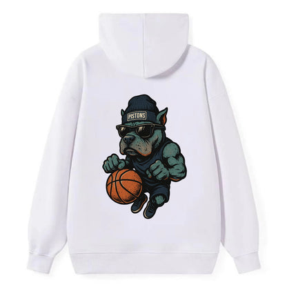 Detroit Pitbull wearing Pistons beanie with chrome patch and wayfarer - Classic Pullover Hoodie - White