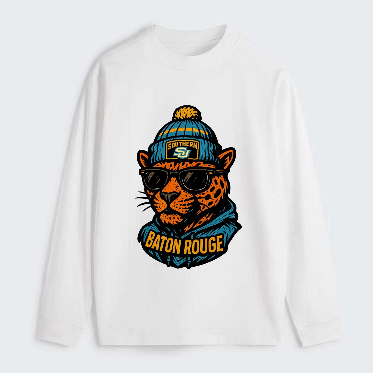 Baton Rouge Jaguar wearing Southern beanie with SU patch - Classic Long Sleeve Shirt - White