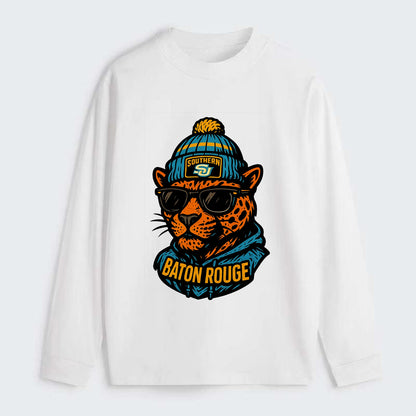 Baton Rouge Jaguar wearing Southern beanie with SU patch - Classic Long Sleeve Shirt - White