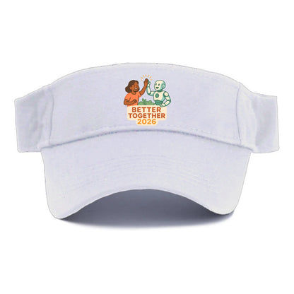 Human and AI robot high-fiving as collaborative partners - "Better Together 2026" - - Visor - White