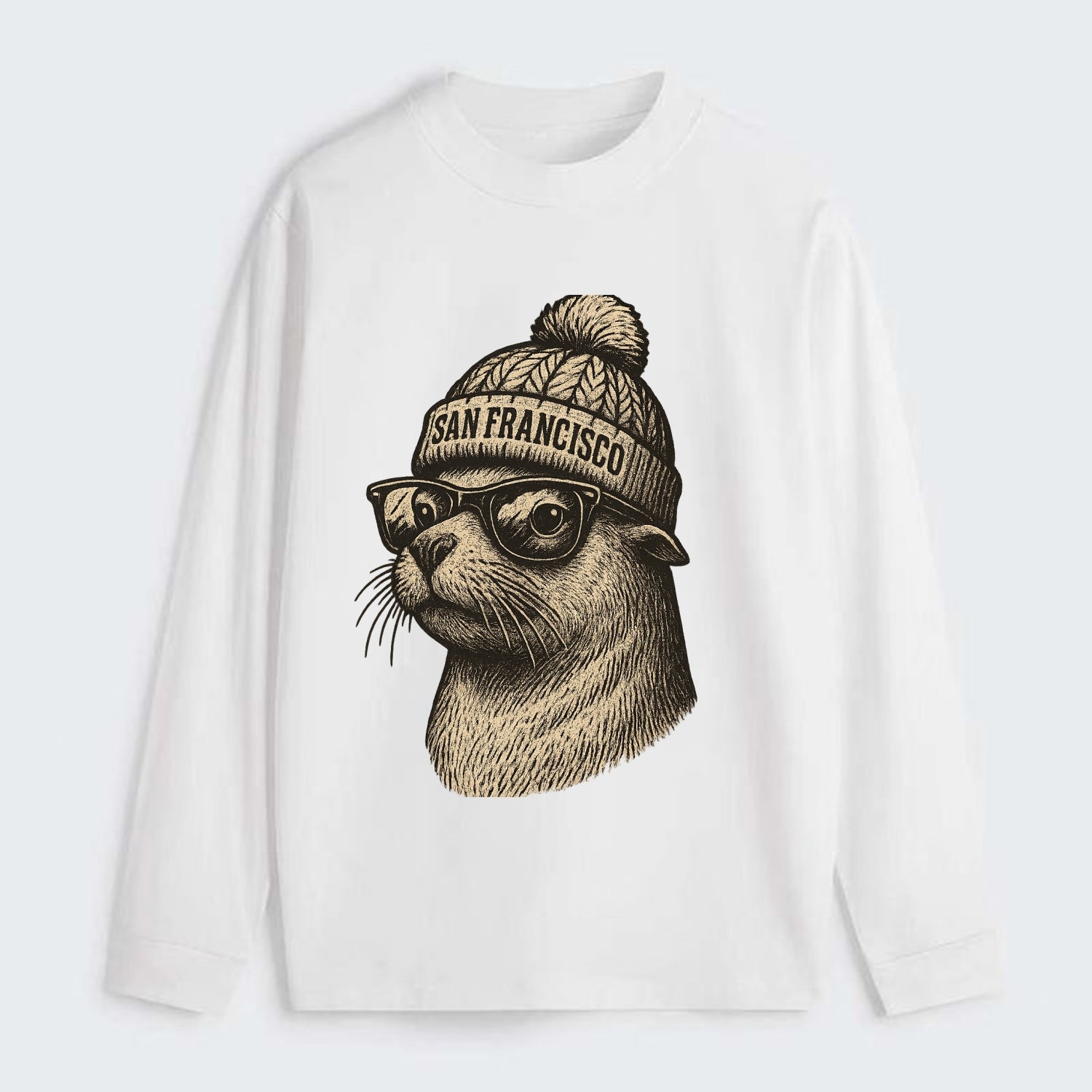 San Francisco Sea Lion wearing San Francisco beanie with pom pom and - Classic Long Sleeve Shirt - White