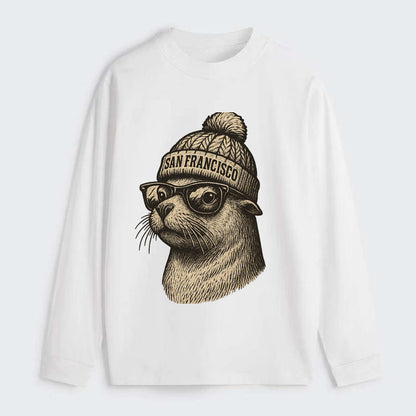 San Francisco Sea Lion wearing San Francisco beanie with pom pom and - Classic Long Sleeve Shirt - White