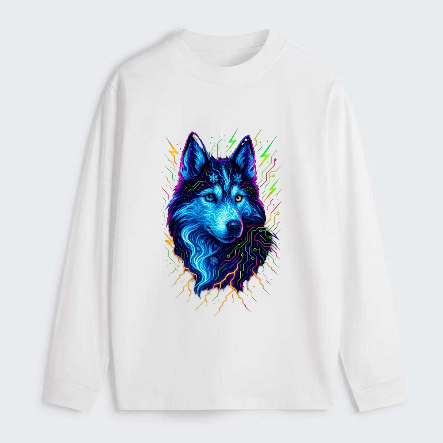 Siberian husky with ice-crystal flowing patterns, electric blue and - Classic Long Sleeve Shirt - White