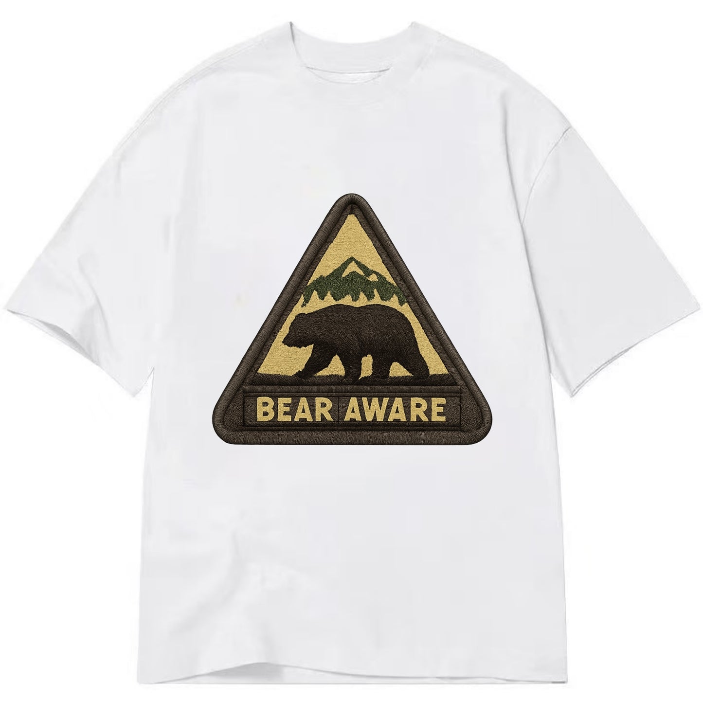 BEAR AWARE - bear silhouette warning in brown and yellow , wilderness safety - Classic T-shirt - White