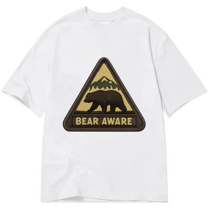 BEAR AWARE - bear silhouette warning in brown and yellow , wilderness safety - Classic T-shirt - White