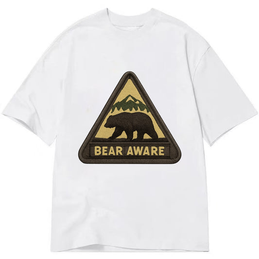 BEAR AWARE - bear silhouette warning in brown and yellow , wilderness safety - Classic T-shirt - White