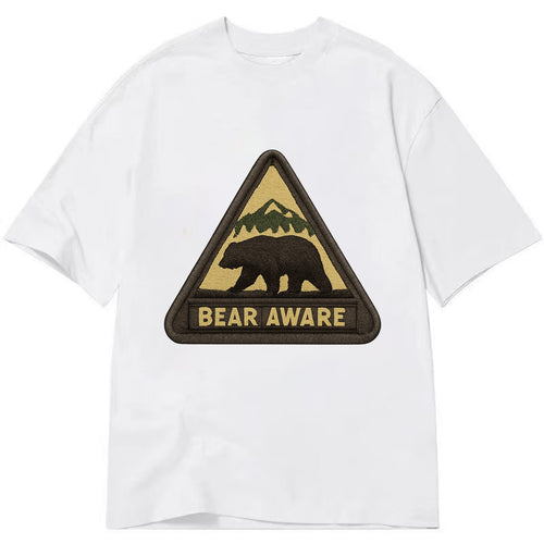 BEAR AWARE - bear silhouette warning in brown and yellow , wilderness safety - Classic T-shirt