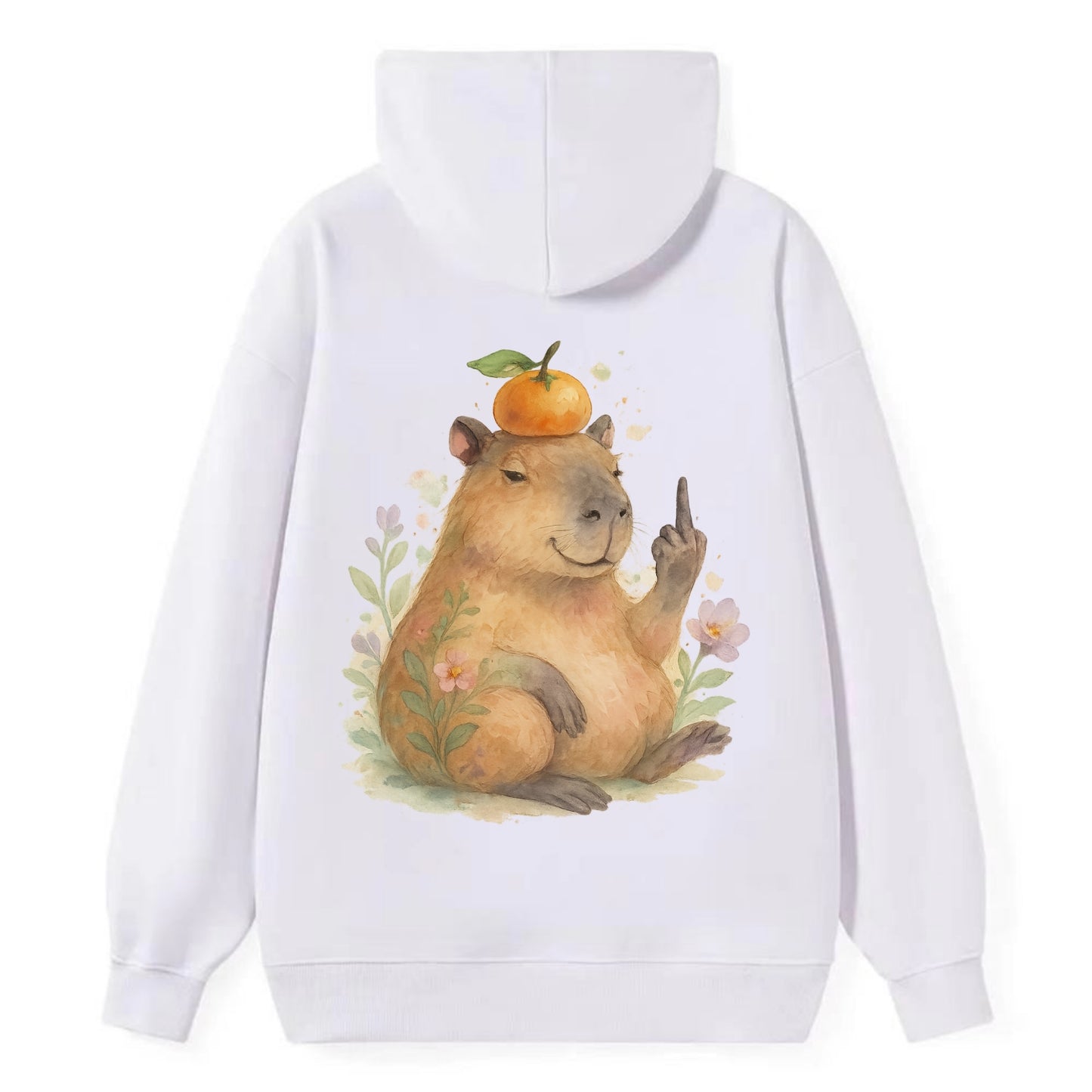 chonky capybara relaxing with orange on head, one webbed middle finger up - Classic Pullover Hoodie - White