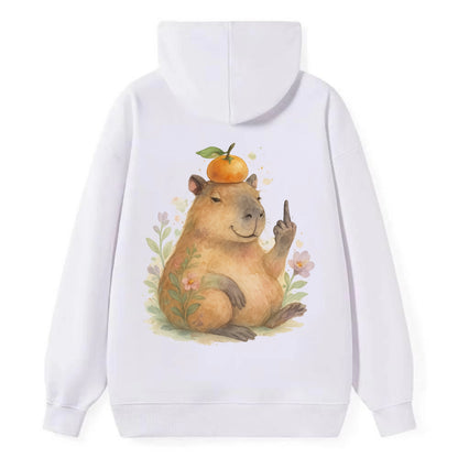 chonky capybara relaxing with orange on head, one webbed middle finger up - Classic Pullover Hoodie - White
