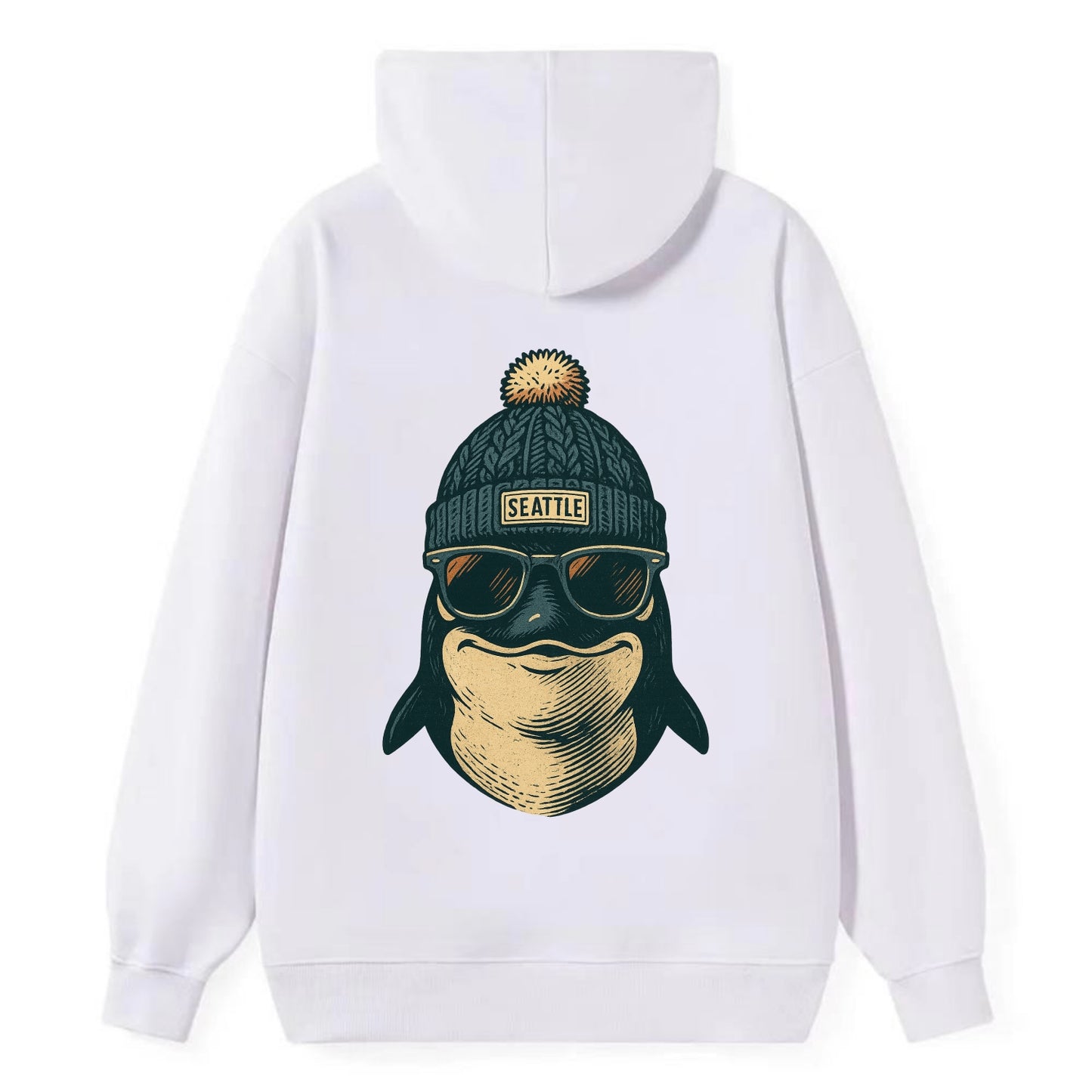 Washington Orca wearing Seattle beanie with pom pom and wayfarer - Classic Pullover Hoodie - White