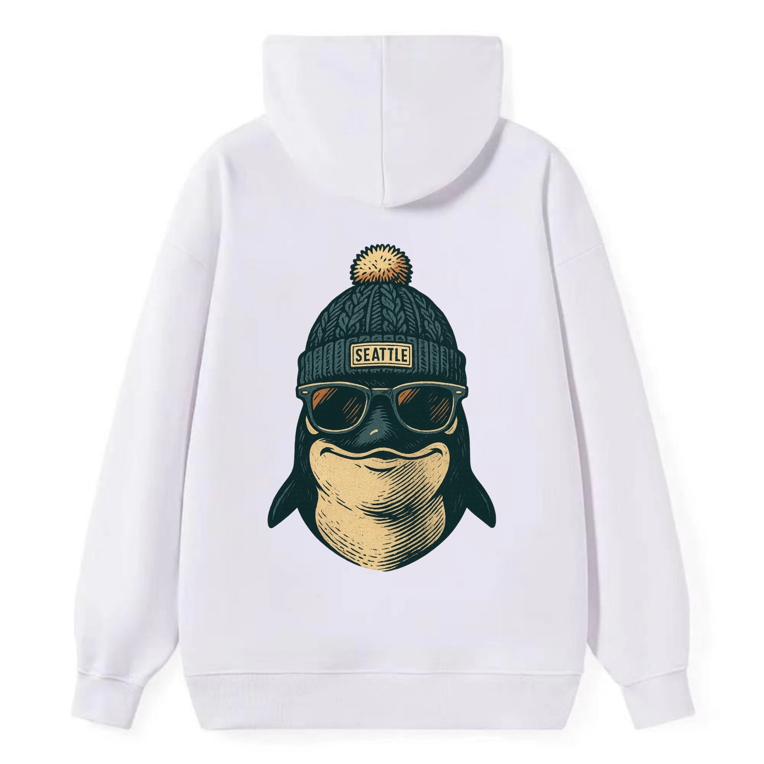 Washington Orca wearing Seattle beanie with pom pom and wayfarer - Classic Pullover Hoodie - White