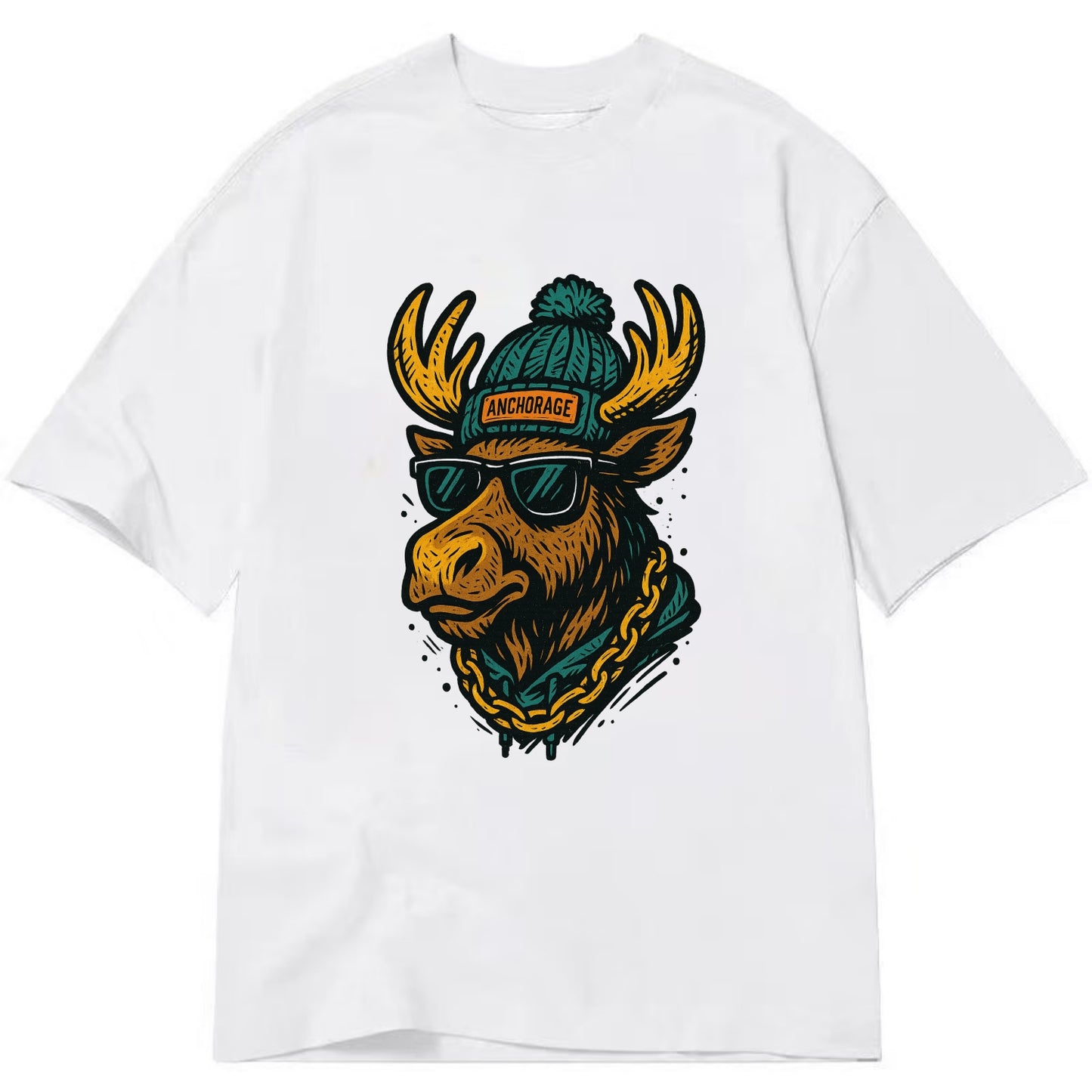 Alaska Moose wearing Anchorage beanie with pom pom and wayfarer sunglasses - Classic T-shirt - White