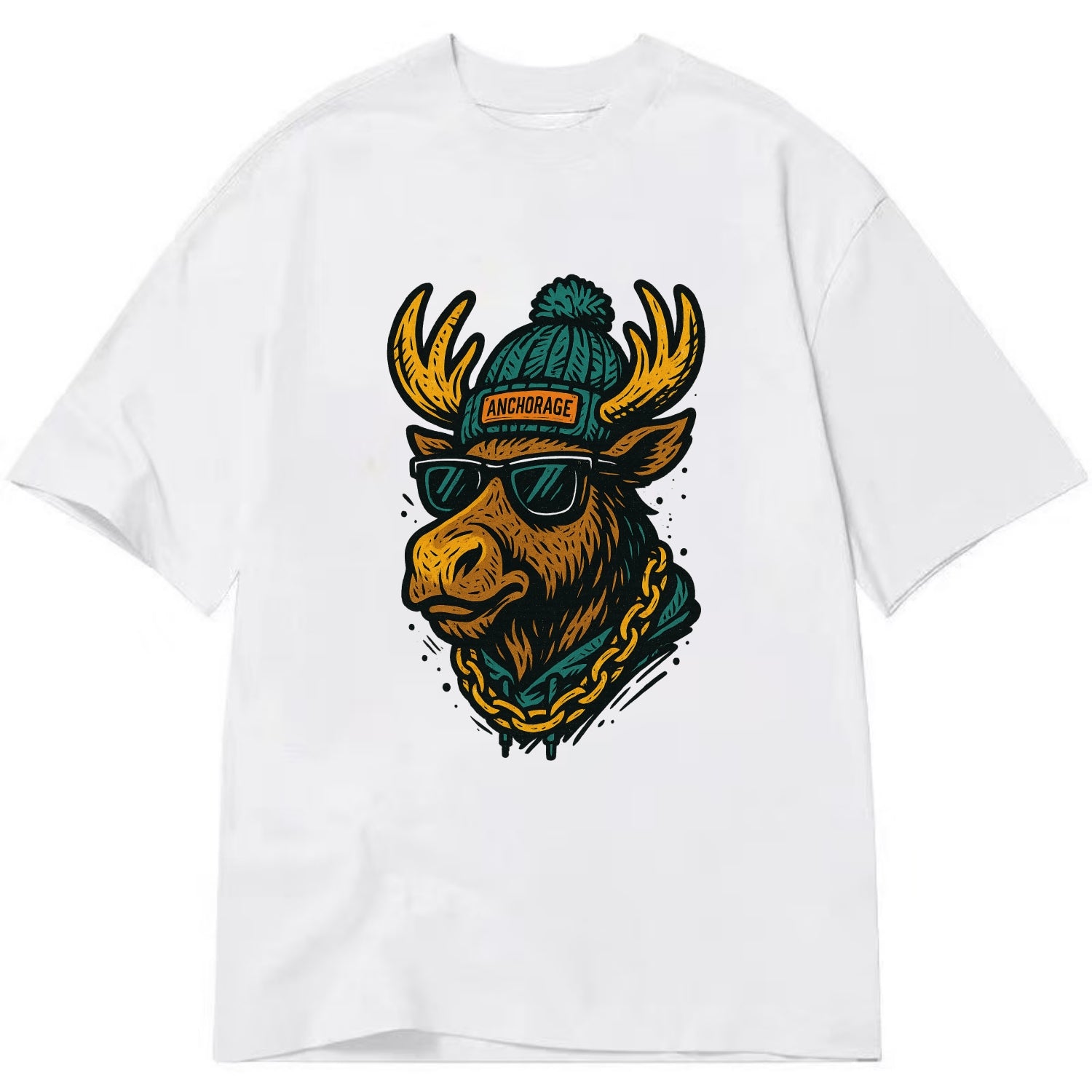 Alaska Moose wearing Anchorage beanie with pom pom and wayfarer sunglasses - Classic T-shirt - White