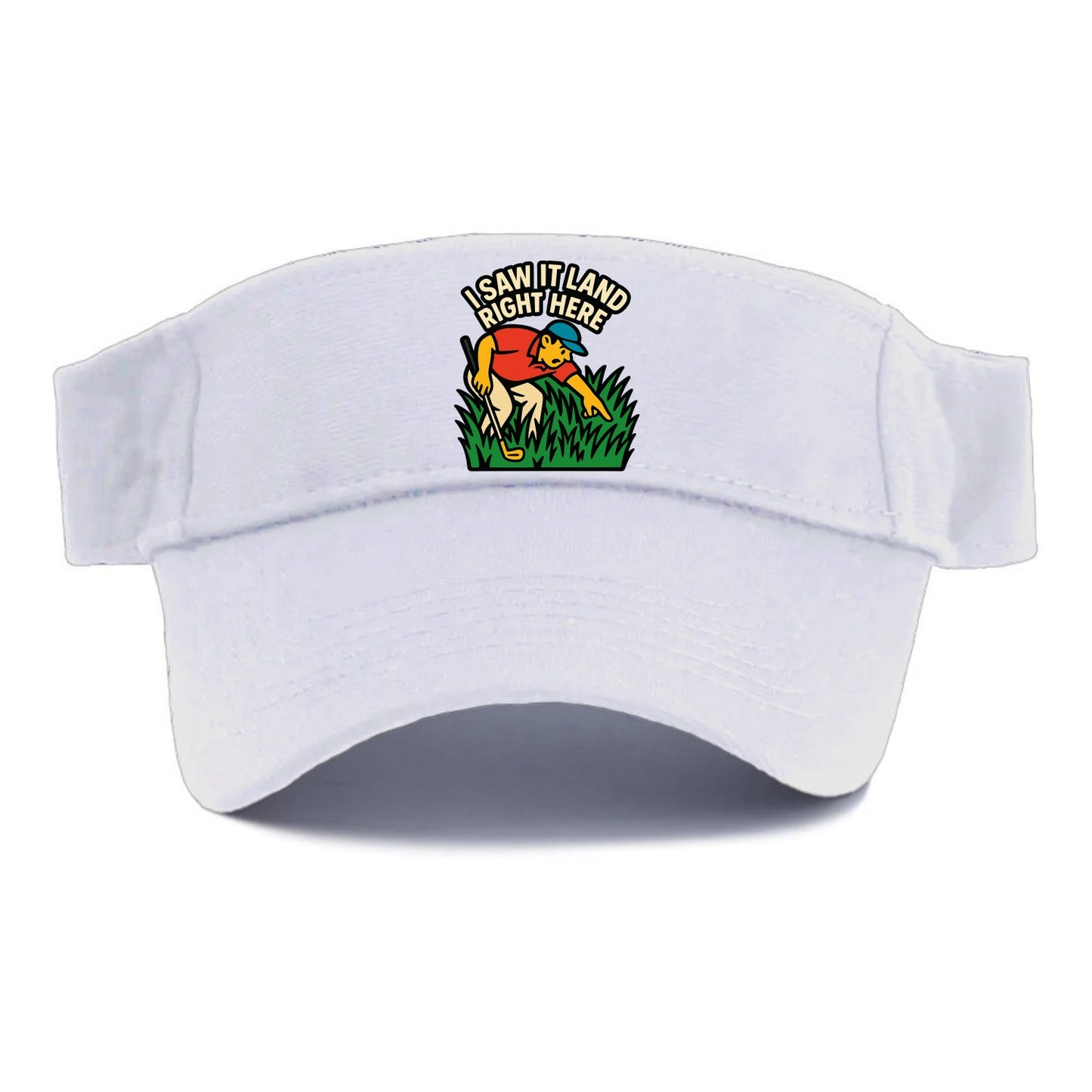 Golfer searching in deep rough - "I Saw It Land Right Here" - lost ball saga - Visor - White