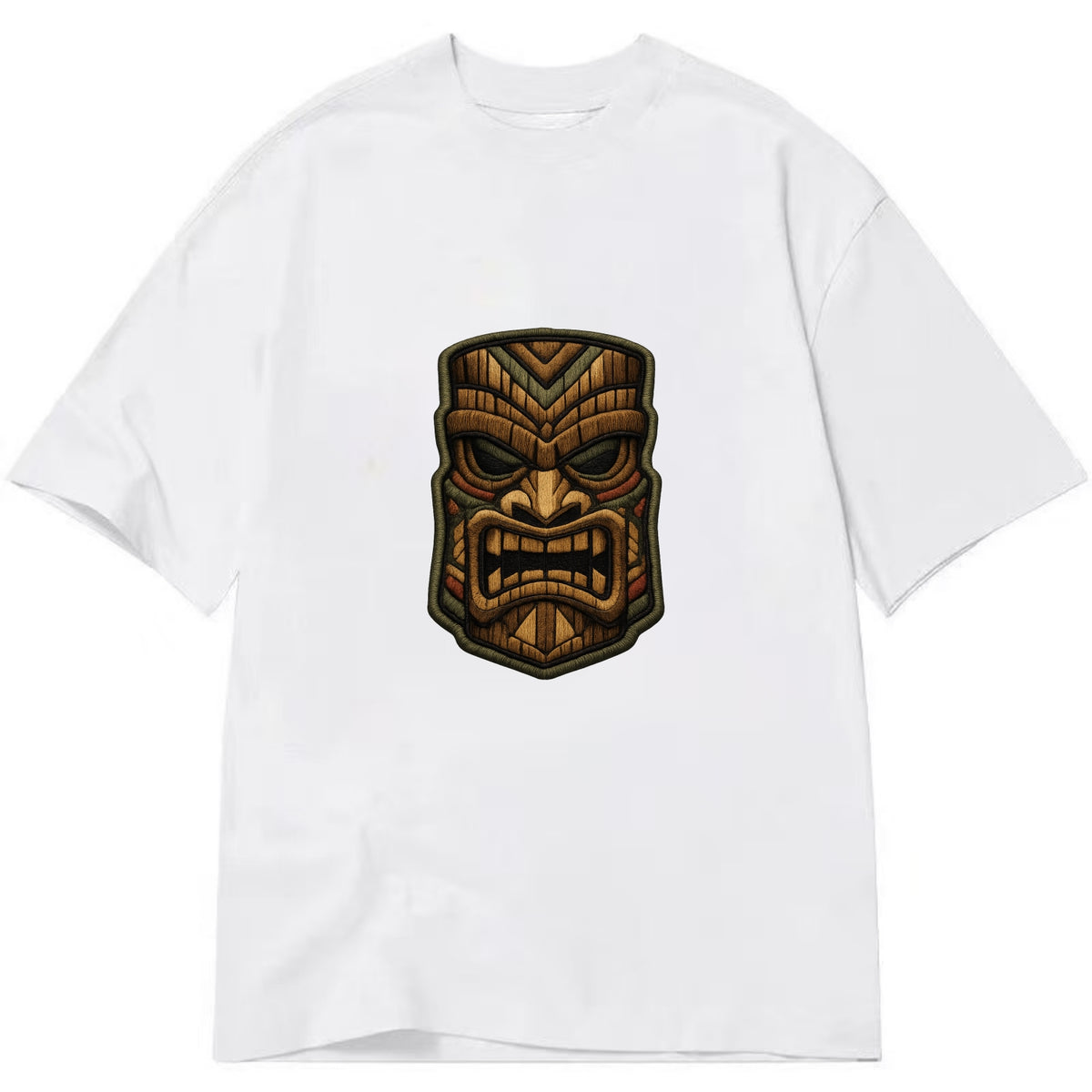 TIKI MASK - carved totem in brown and red , Polynesian - Classic T-shirt - White