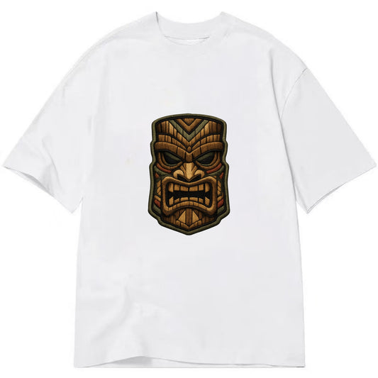 TIKI MASK - carved totem in brown and red , Polynesian - Classic T-shirt - White