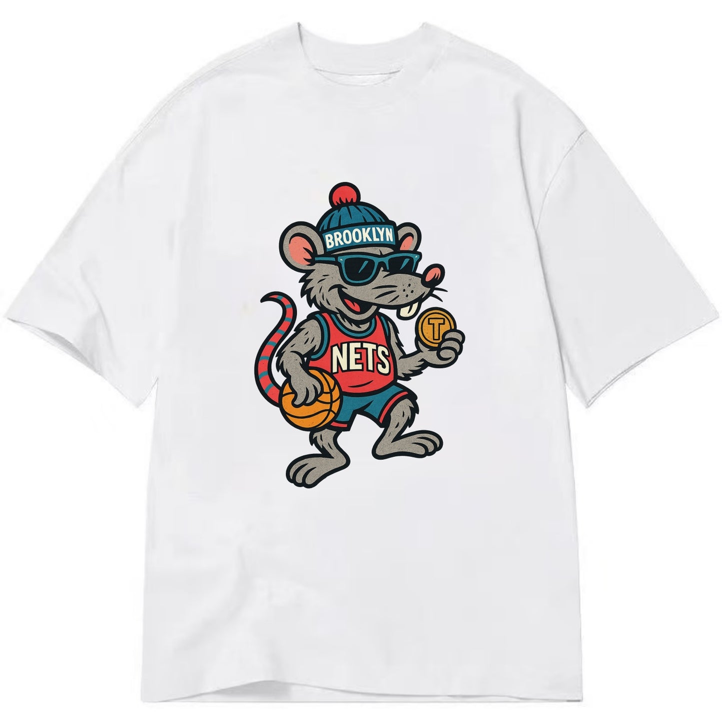 Brooklyn Rat wearing Nets beanie with subway token and wayfarer sunglasses - Classic T-shirt - White