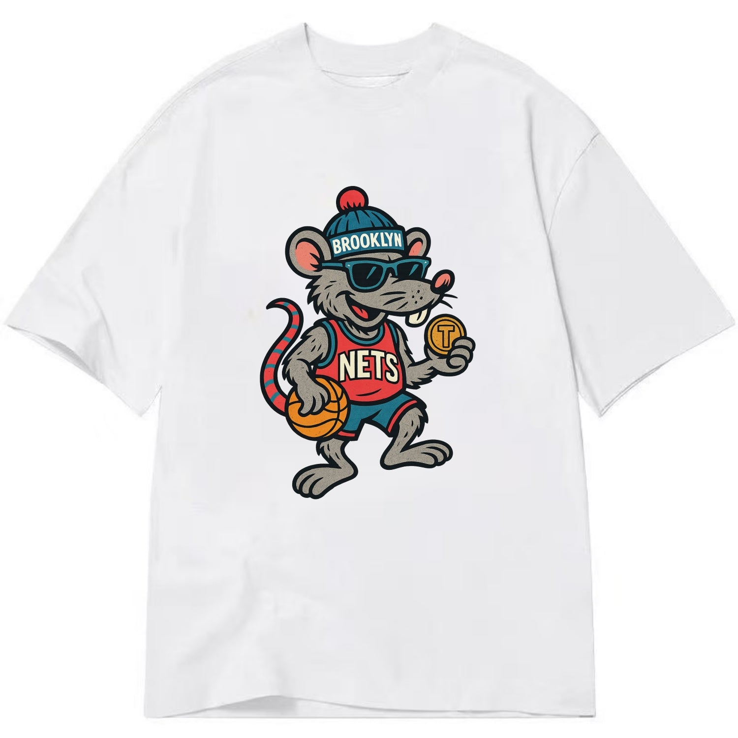 Brooklyn Rat wearing Nets beanie with subway token and wayfarer sunglasses - Classic T-shirt - White