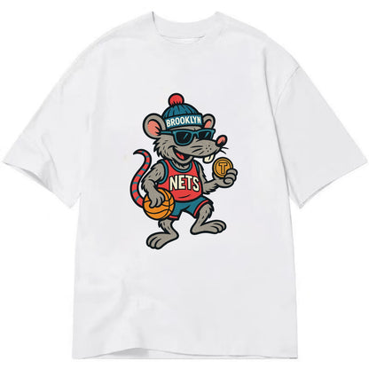 Brooklyn Rat wearing Nets beanie with subway token and wayfarer sunglasses - Classic T-shirt - White