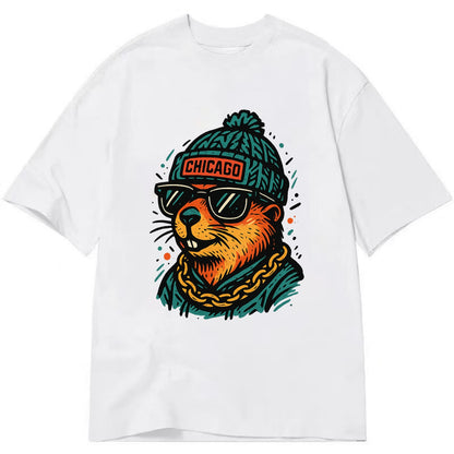 Illinois Prairie Dog wearing Chicago beanie with pom pom and wayfarer sunglasses - Classic T-shirt - White