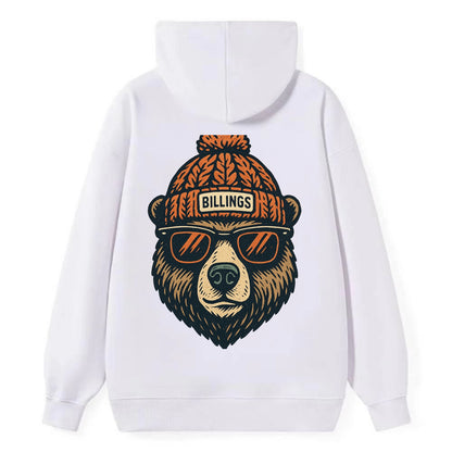Montana Grizzly Bear wearing Billings beanie with pom pom and wayfarer - Classic Pullover Hoodie - White