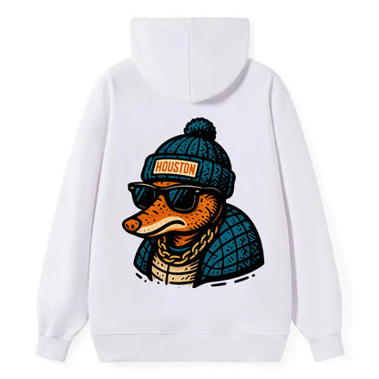 Houston Armadillo wearing Houston beanie with pom pom and wayfarer - Classic Pullover Hoodie - White
