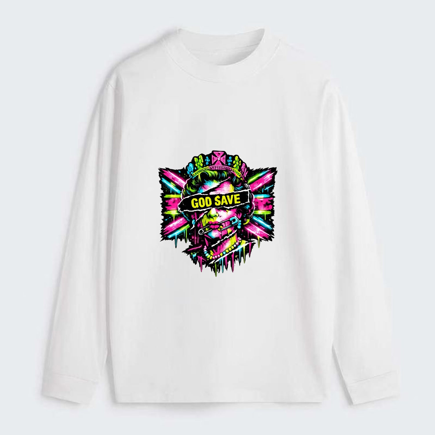 GOD SAVE | Torn royal portrait style | Blackout bar across eyes | - Classic Long Sleeve Shirt - White