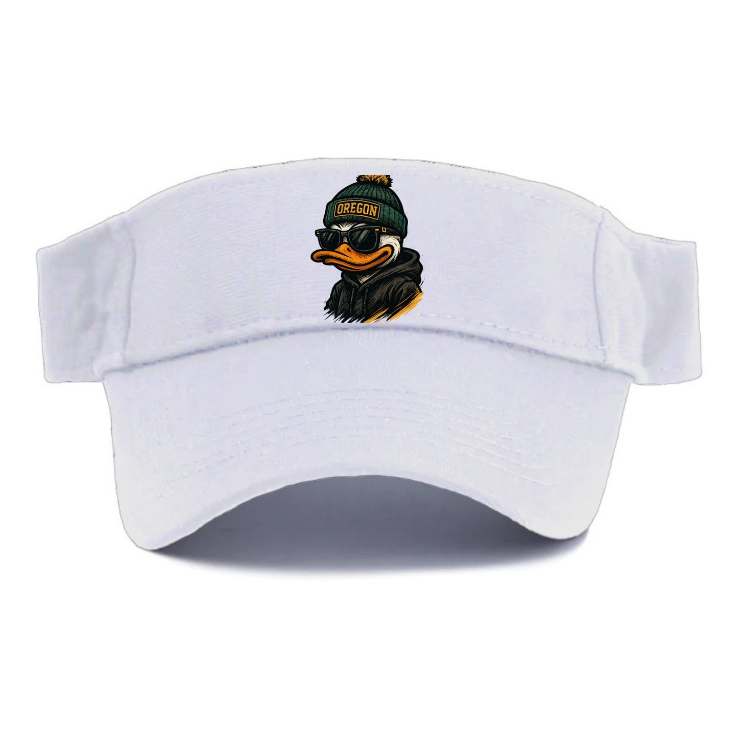 Eugene Duck wearing Oregon beanie with O patch - Visor - White
